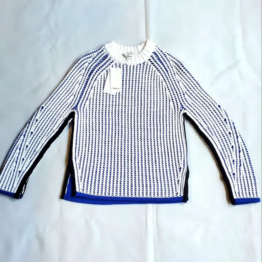 NWT$495 3.1 Phillip Lim Two-Tone Ribbed Knit White Blue Pullover Sweater Top XS - Picture 8 of 16